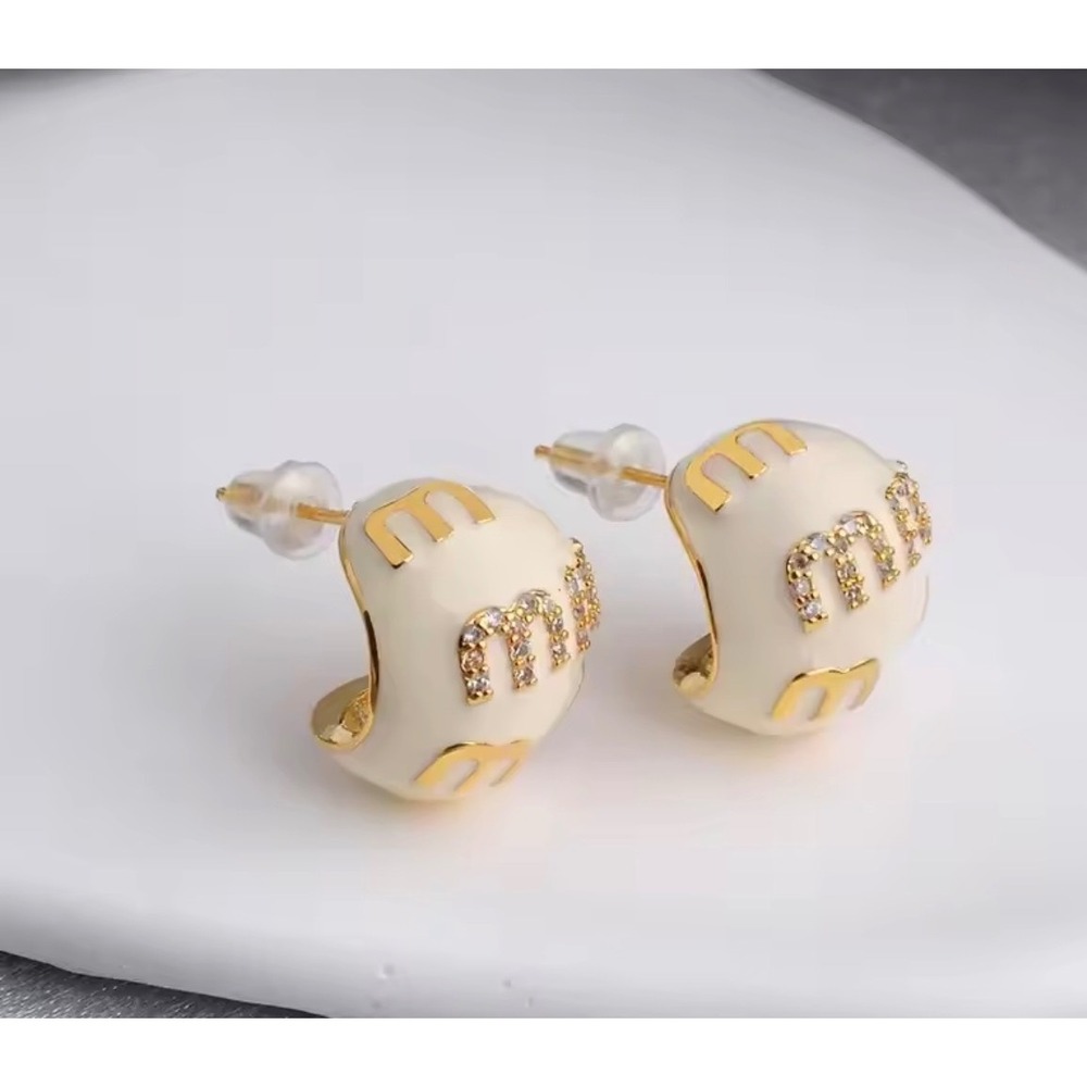 Cream Enamel Gold Crystal Logo J-Hoop Earrings White Designer Jewelry